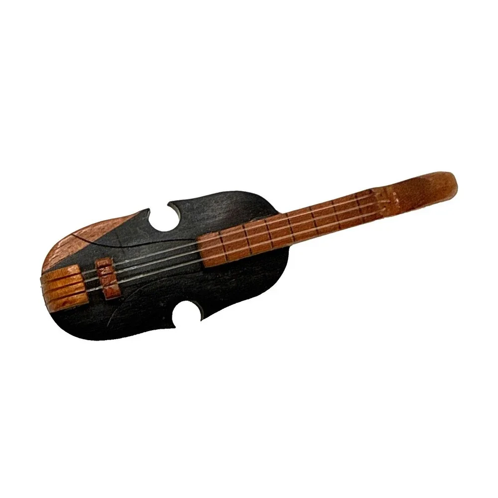 Vintage Hand Carved Wood Violin Brooch Musical String Instrument Pin 3 1/8